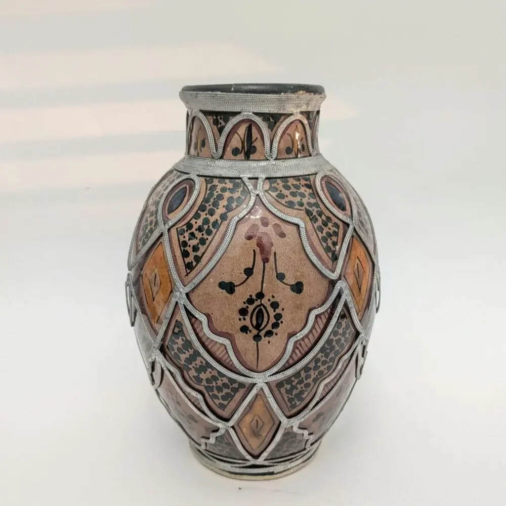 Moroccan Safi Pottery Vase Maillechort Filigree Hand Painted Terracotta Signed